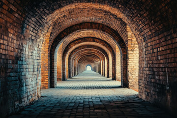 Obraz premium A Serene Path Through Time: A long brick tunnel, symmetrical arches, and a cobblestone pathway create a timeless and mysterious atmosphere. 