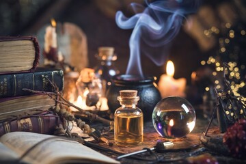 Obraz premium Magical potion bottles, spell books, and a crystal ball in a mystical setting.