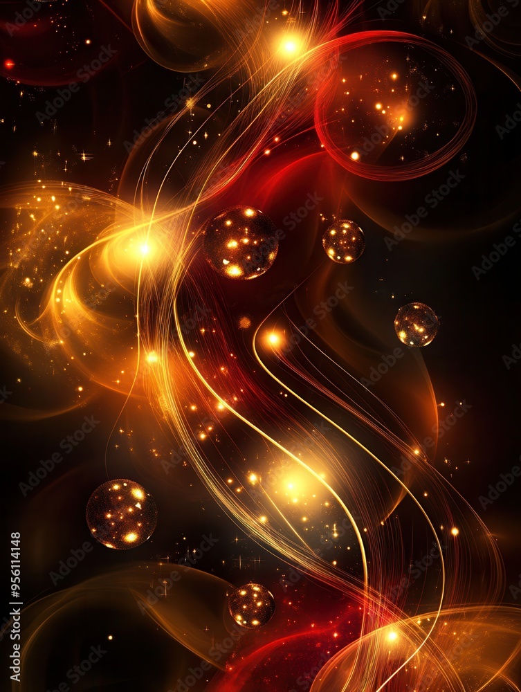 Poster Glowing lines twist and twirl against a dark backdrop, creating a festive atmosphere with spherical elements resembling baubles. Generative AI