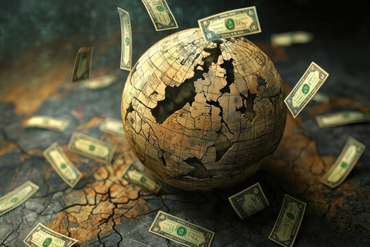 A Crumbling World: Dollar Bills Rain Down on a Cracked Globe, Symbolic of Global Economic Instability.