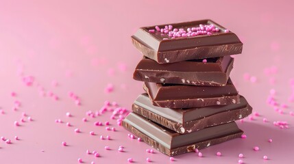 Stack of dark chocolate squares on a pink surface with pink sprinkles.