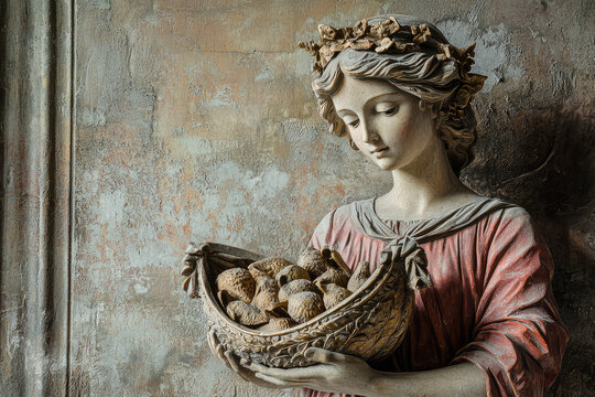 Tyche, the Greek Goddess of Fortune, gracefully holds a cornucopia overflowing with abundance, symbolizing prosperity and good luck.