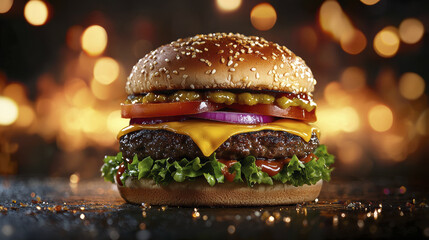 Juicy cheeseburger with fresh toppings, including lettuce, tomato, and onion, set against warm, glowing background.