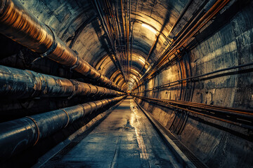 Obraz premium A Glimpse into the Depths: An Eerie Underground Tunnel Lined with Pipes and Bathed in a Dim, Golden Light.