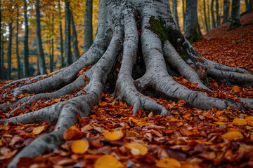 Whispers of Autumn: Tree Roots Embrace Fallen Leaves in a Serene Forest