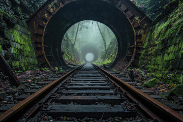 Obraz premium Forgotten Rails: A Tunnel Beckons Through a Mystical Forest