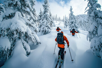 Backcountry Bliss: Skiers Glide Through a Snowy Forest, Sunlight Dappling the Powdered Trees.