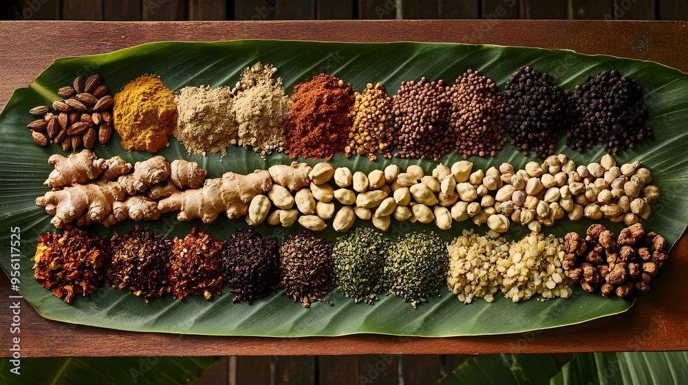 Wall mural assorted exotic east african spices arranged on lush banana leaf