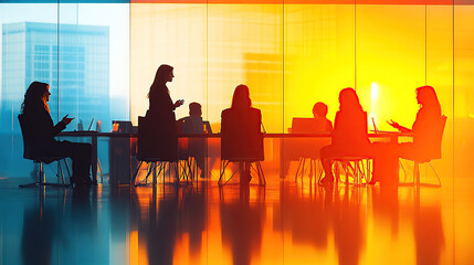 A dynamic meeting scene in an office conference room, with business people sitting around the table and discussing ideas