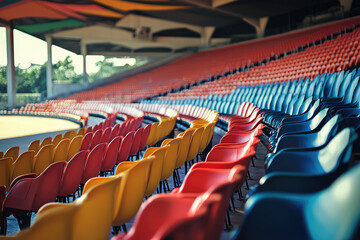 Fototapeta premium Awaiting the Roar: Colorful Stadium Seats Beckon the Crowd