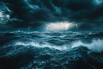 A tempestuous sea roils beneath a sky ablaze with lightning, nature's power on full display.