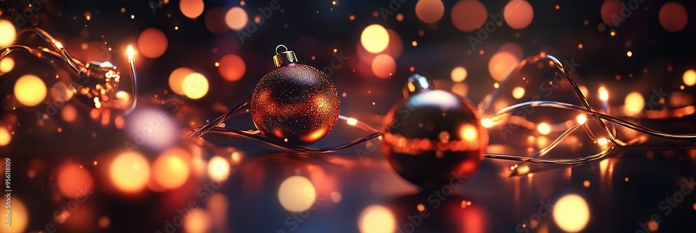 Poster glowing lines interweave among spherical elements, evoking a festive atmosphere reminiscent of chris