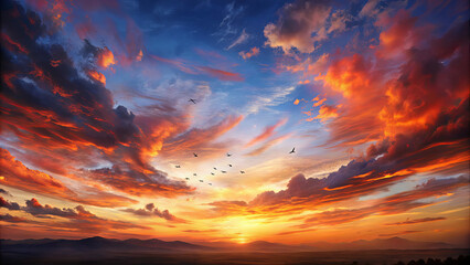 A breathtaking sunset casts brilliant orange and purple hues across the sky as birds gracefully fly in formation. The tranquil landscape enhances the beauty of dusk