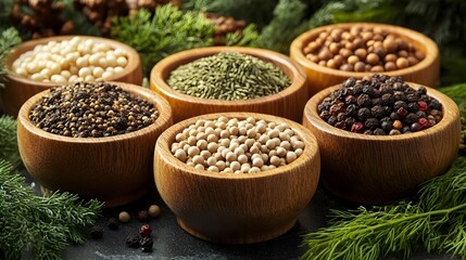 Fototapeta premium Assorted Scandinavian Spices Displayed in Wooden Bowls