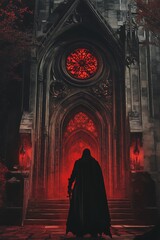 Naklejka premium Enigmatic Figure Before Gothic Archway, Eerie Nightfall with Red Stained Glass Window