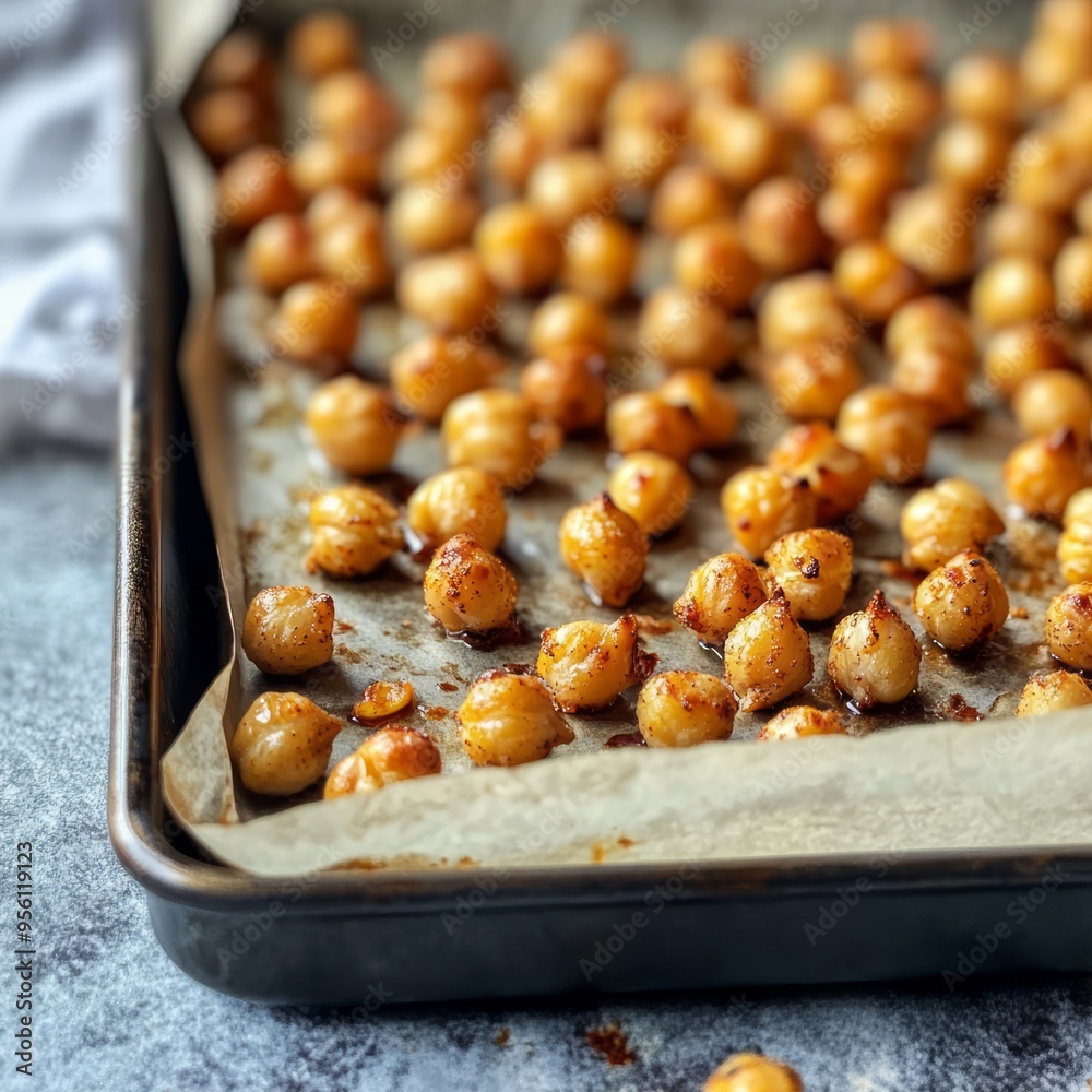 Poster A baking sheet filled with roasted chickpeas, a healthy snack option.