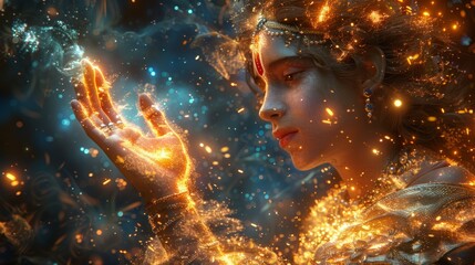 A digital painting of Lord Krishna with his hand outstretched, surrounded by glowing celestial birds and ethereal light effects. 