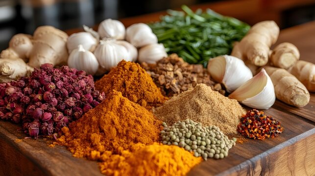 Assortment of Aromatic Ethiopian Spices on Wooden Cutting Board