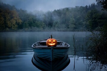 Carved pumpkin on a boat in a misty lake surrounded by dense forest.