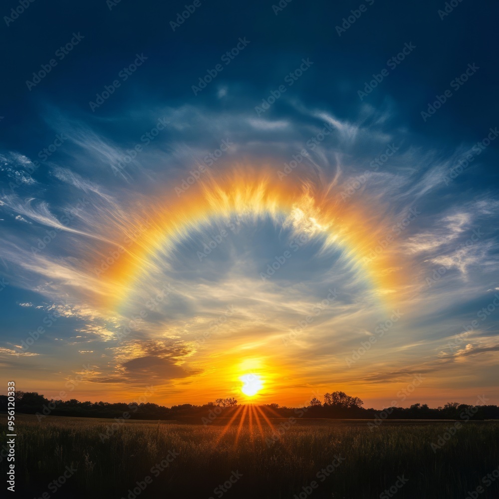 Wall mural A beautiful sunset with a halo around the sun, a magical and heavenly scene.