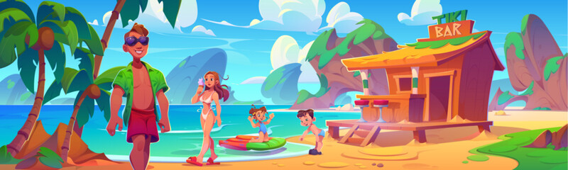 Summer sea beach vacation concept with man and woman walking on sand in swimsuits, children playing in water with inflatable ring on tropical lagoon landscape with tiki bar hut, palm trees and rocks.