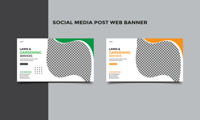 Lawn and Gardening service social media post web banner template.