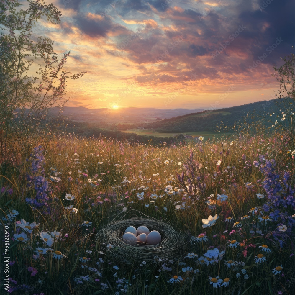 Poster A bird's nest with five white eggs sits in a field of wildflowers at sunset, with rolling hills and a vibrant sky in the background.