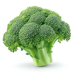 Fresh green broccoli floret isolated on white background, full depth of field, showcasing texture and detail, clean digital illustration.