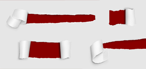 Torn paper roll. White rip page edge with hole. Realistic reveal sheet effect set for sale template. Open frame strip with broken border piece. Blank turn note or tag for advertising illustration