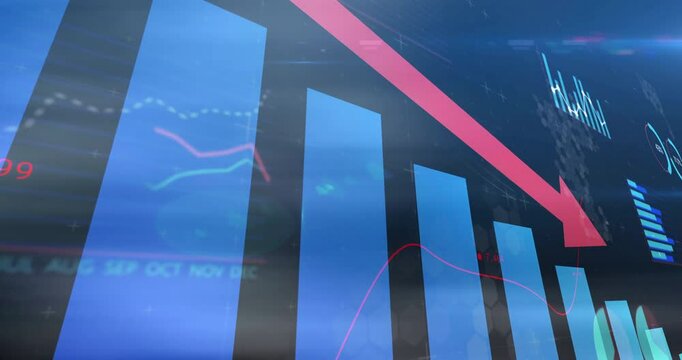 Declining bar chart and red arrow animation over financial data