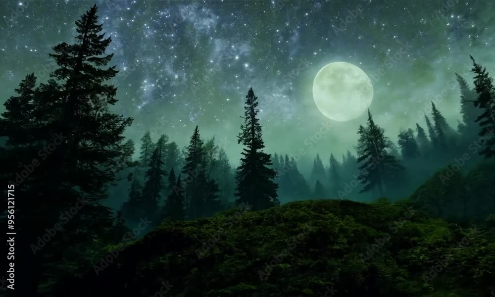 Wall mural a serene forest under a starry sky. the moonlight filters through the dense trees, casting soft shad