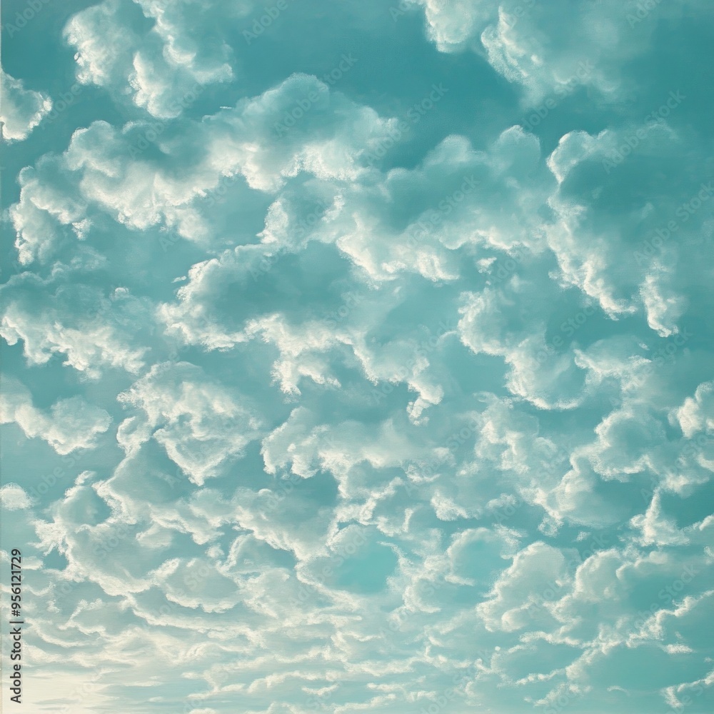 Poster A blue sky with white, fluffy clouds creating a textured pattern.