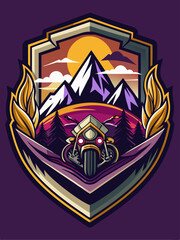 Motorcycle In Front Of Mountain Sunset In A Shield