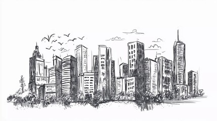 Obraz premium Hand drawn City Sketch for your design, Drawn in black ink on beautiful white background