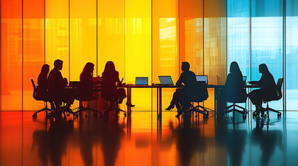 A dynamic meeting scene in an office conference room, with business people sitting around the table and discussing ideas