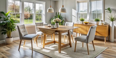 A sleek, modern drop-leaf table anchors the dining room, its clean lines and minimalist aesthetic reflecting the
