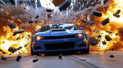 A high speed car chase scene with blue sports car racing through an explosion of debris and flames, creating an intense and thrilling atmosphere.