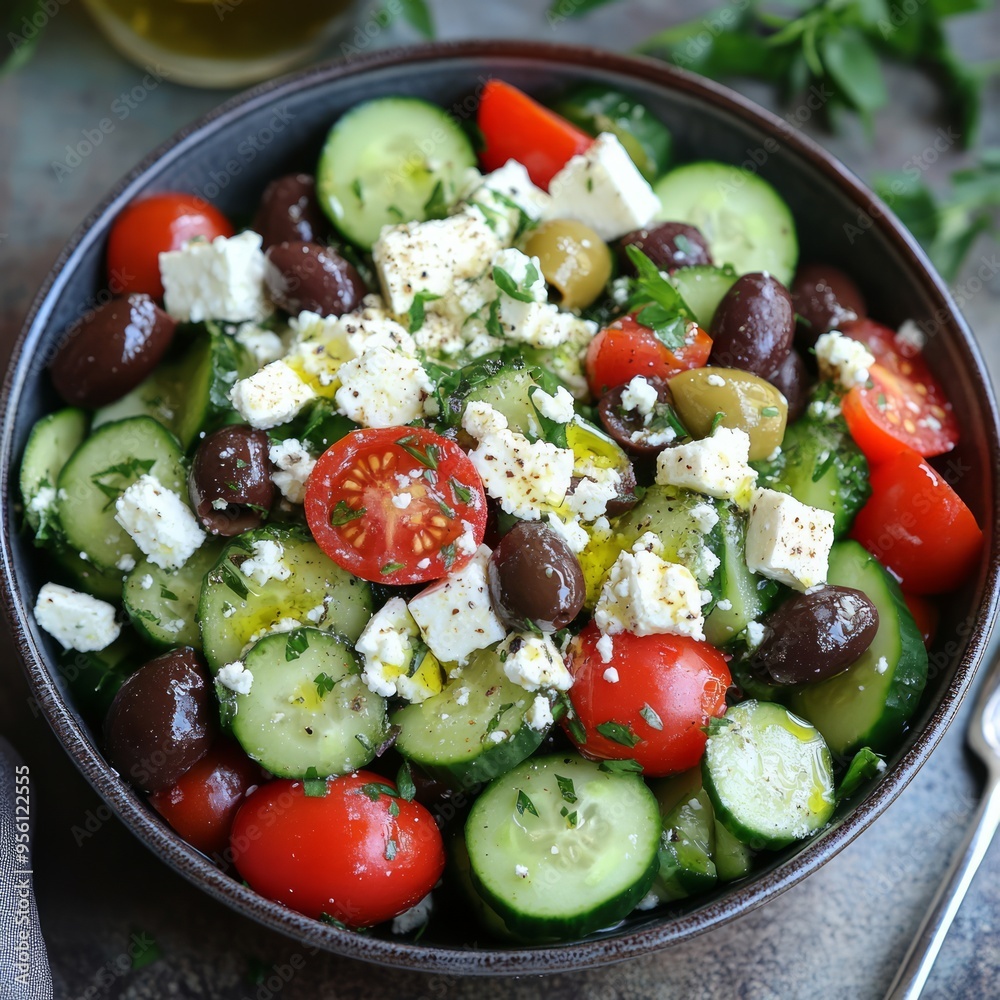 Sticker A bowl of fresh Greek salad with cucumbers, tomatoes, olives, feta cheese, and parsley.