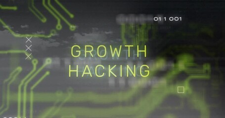 Growth hacking text animation over green circuit board design - Powered by Adobe