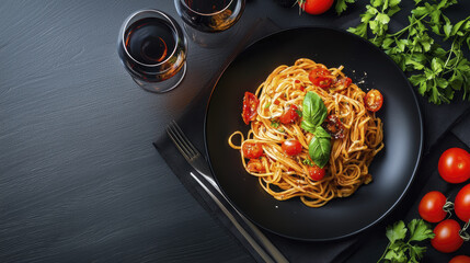 Delicious spaghetti with cherry tomatoes and fresh basil, served on black plate alongside glasses of red wine, creating warm and inviting dining experience.