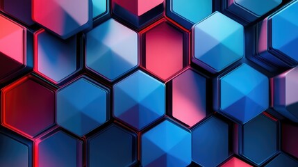 A geometric abstract design with interlocking hexagons in shades of red and blue, creating a bold, dynamic composition