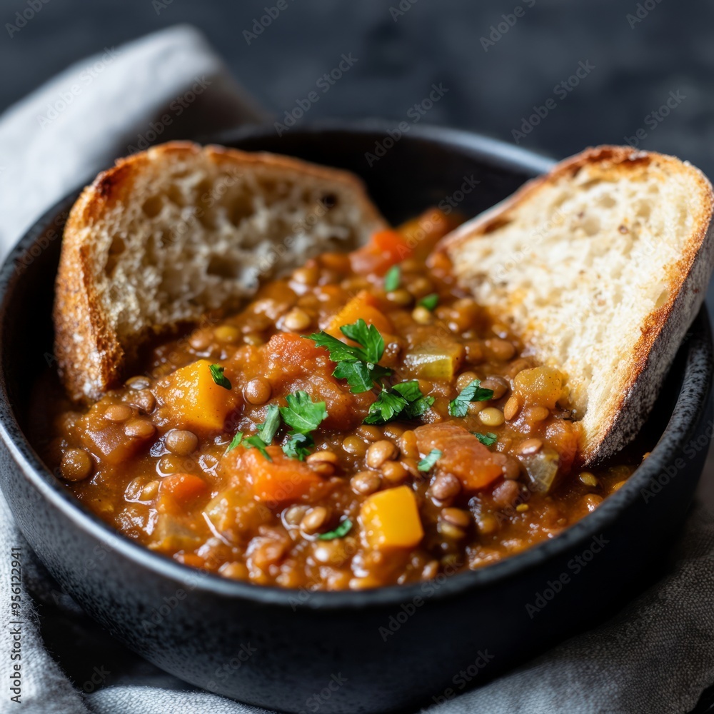 Sticker A bowl of lentil soup with toasted bread.