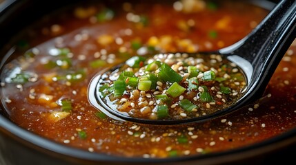 Close up View of Miso Soup Garnished with Japanese Spice and Green Onions