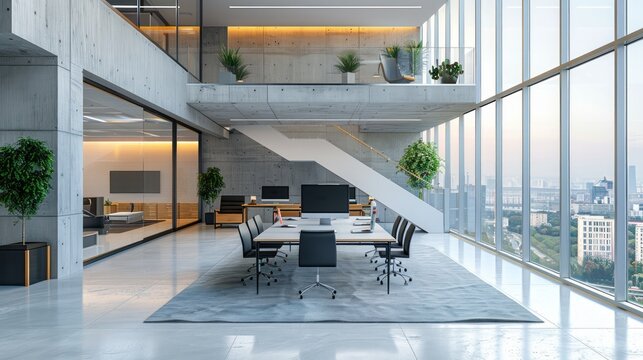 Interior of modern open space office with white walls, panoramic windows, carpet on the floor and large computer tables with chairs. Meeting room in background. 3d rendering