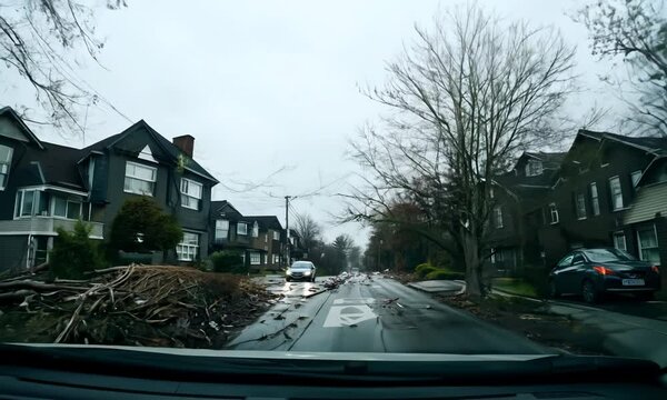 Trees and debris partially block road in neighborhood after Hurricane Beryl strikes Houston, Texas 4K Video