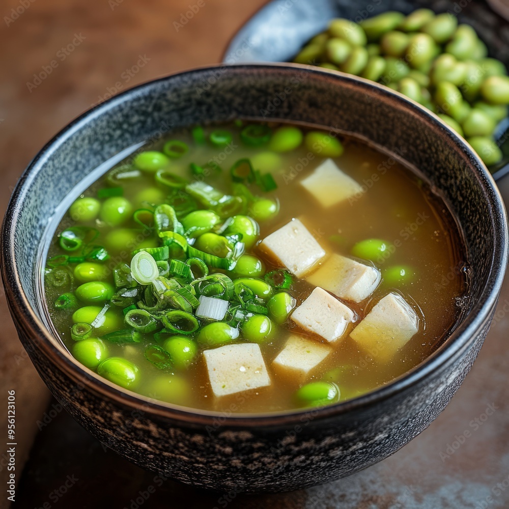 Canvas Prints A bowl of miso soup with tofu, edamame, and green onions.