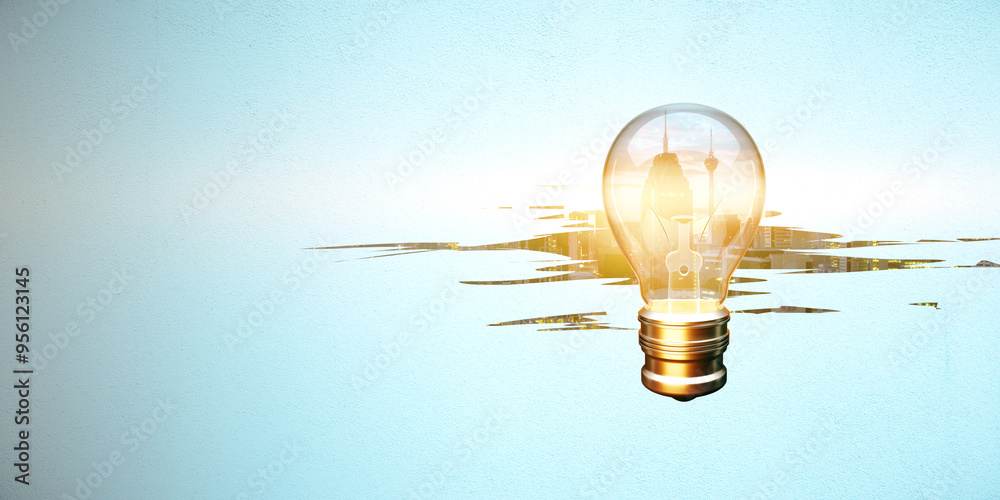 Poster creative glowing light bulb on abstract weathered city on light background with mock up place. innov