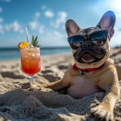 Playful French Bulldog in Paradise: Tropical Beach Vacation with Cocktail and Sunglasses. Creative Summer Marketing Concept for 2025-2027 Holiday Promotions. Versatile Illustration for NFT Art, Appare