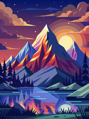 Colorful Mountain Range with Sunset and Lake Reflection