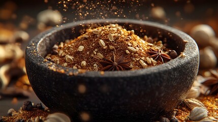 Closeup of Traditional Chinese Five Spice Mix Grinded in Mortar with Aromatic Ingredients